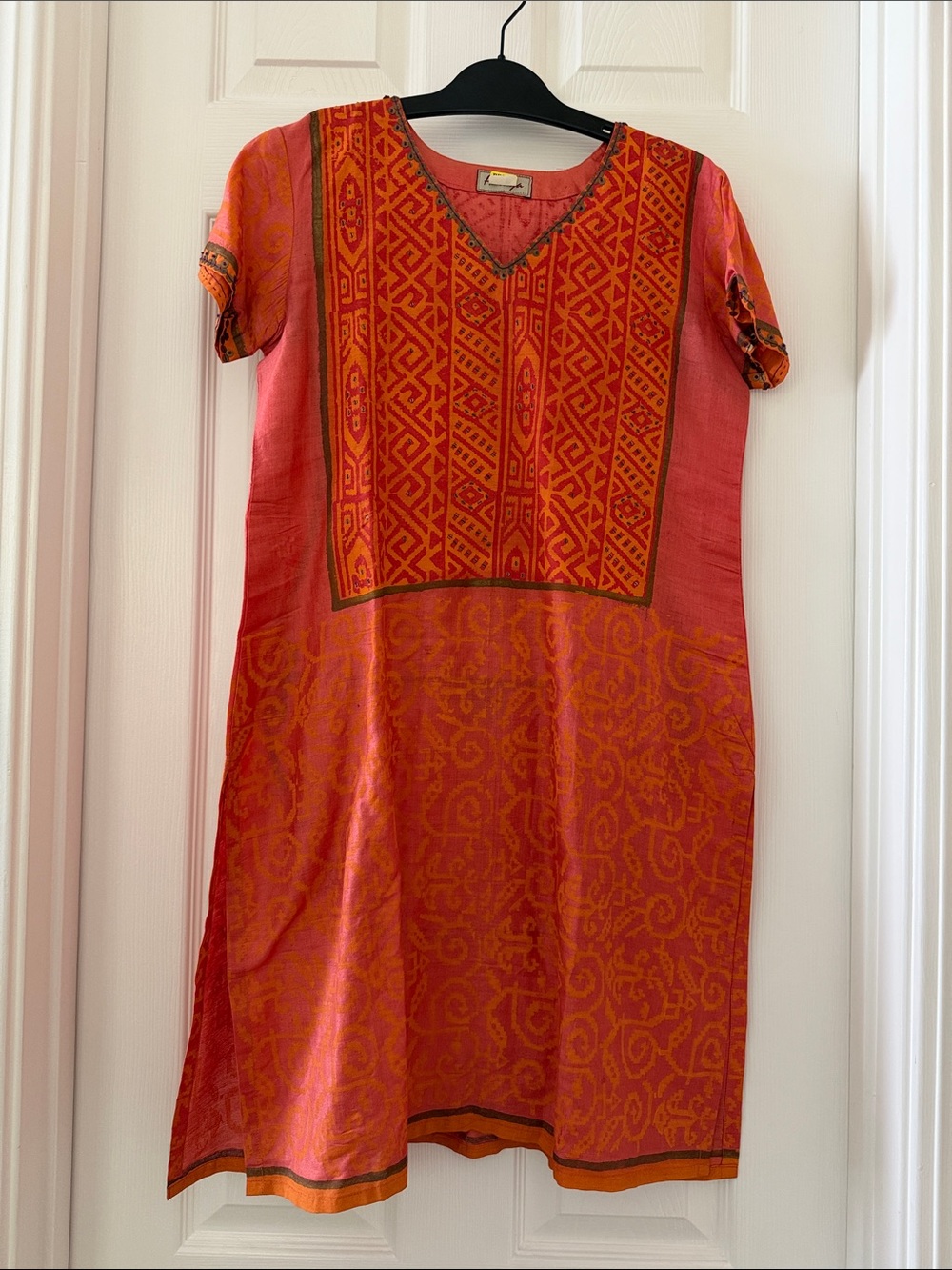 Embroidered Peach Orange Geometric print Short Sleeve women’s tunic